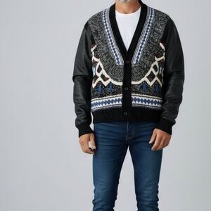 [XL]Vintage Randy River Suede Leather Knit Cardigan with Geometric Patterns